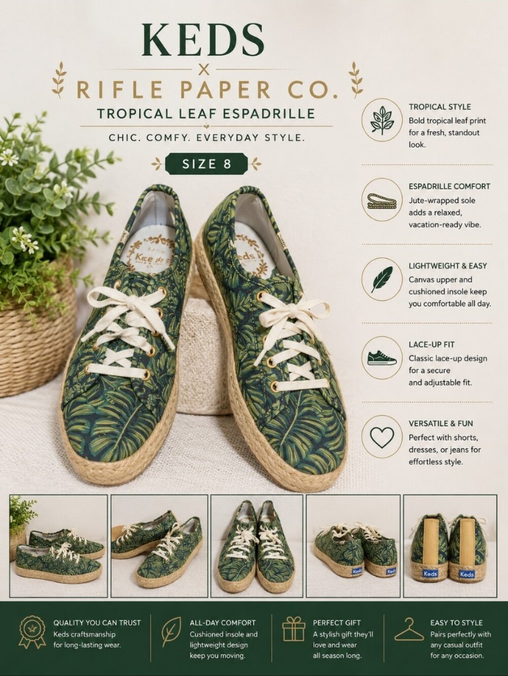 KEDS x Riffle Paper Tropical Leaf Pattern Lace up Espadrille 8